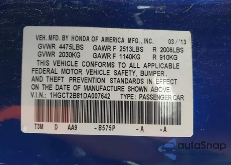 2013 Honda Accord Ex-L V-6 z USA, uszkodzony, nr VIN 1HGCT2B81DA007642